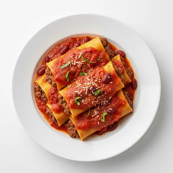 Beef And Bean Manicotti With Fresh Pressed Tomato Sauce